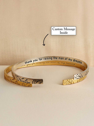 4mm Mother of the Groom Leaf & Branch Cuff Bracelet – Custom Message Inside