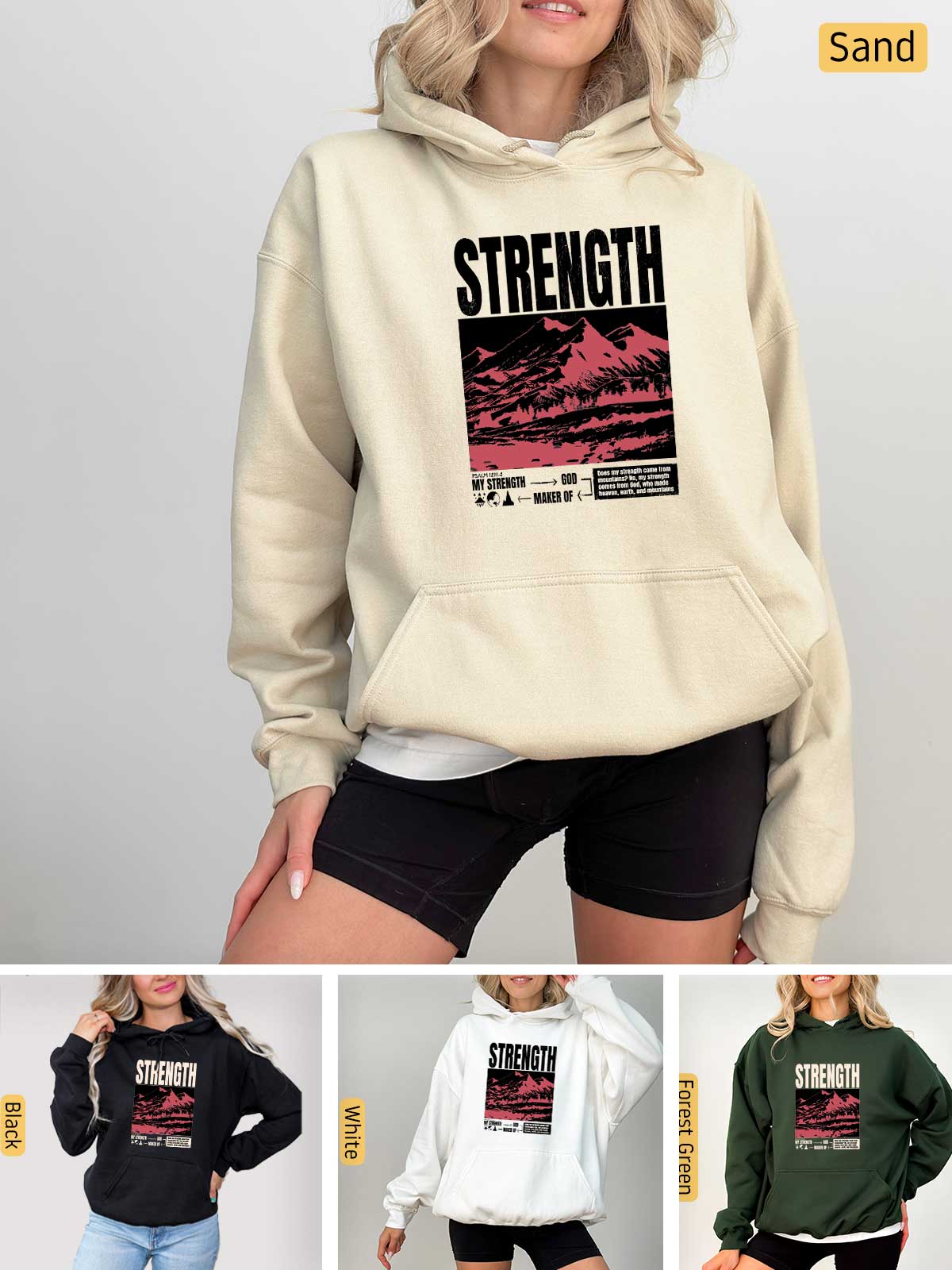 a woman wearing a sweatshirt with the words strength on it