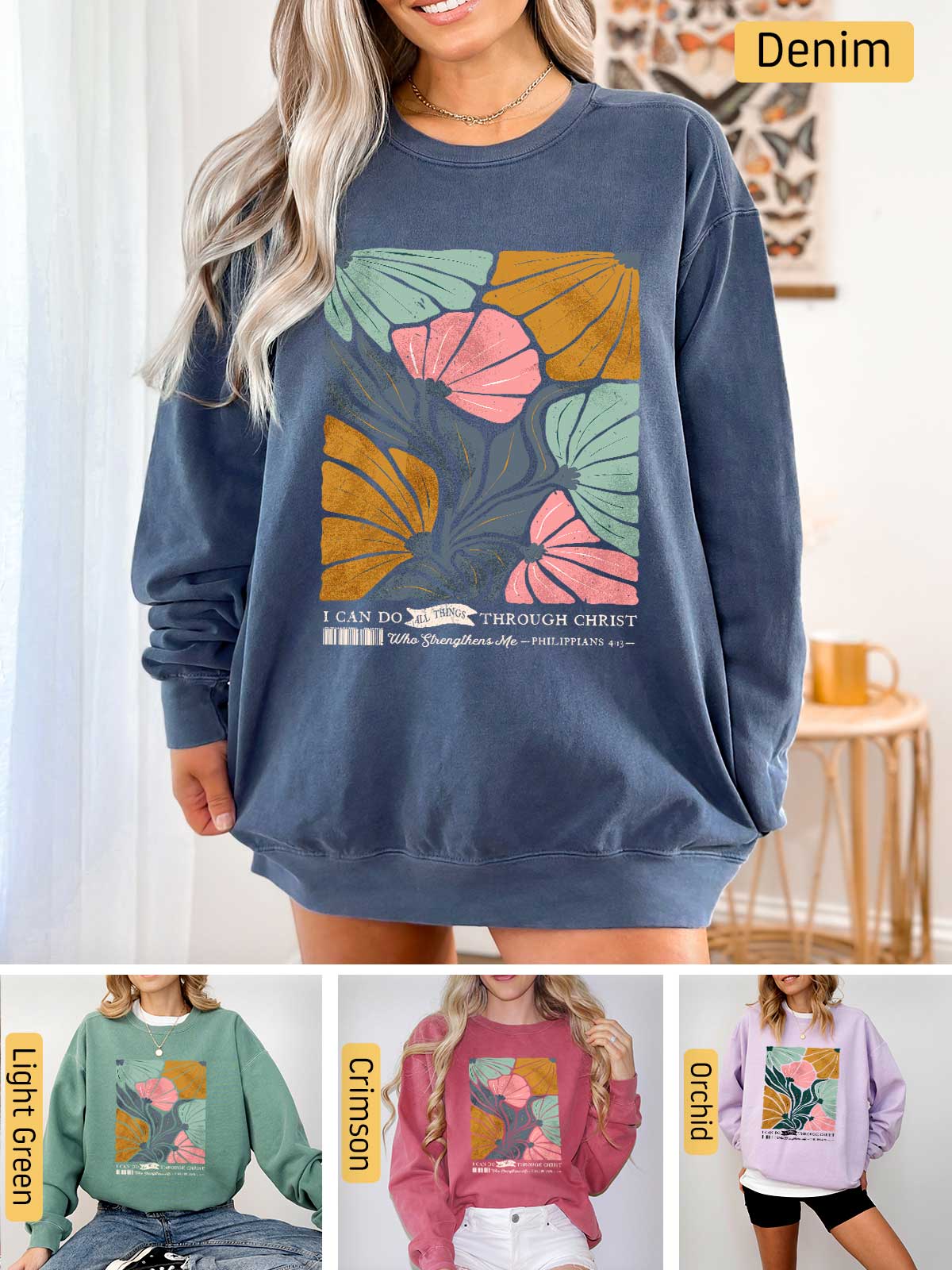 a woman wearing a sweatshirt with a flower on it