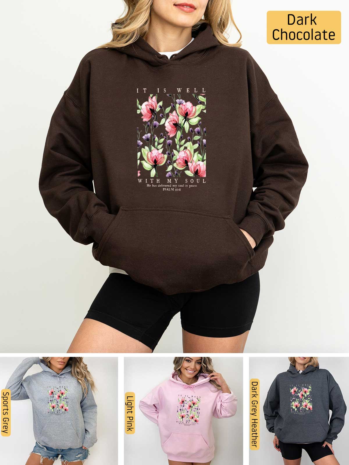 a woman wearing a hoodie with flowers on it