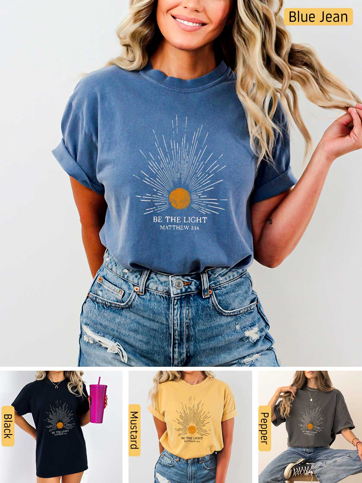 a woman wearing a blue jean shirt with a sun graphic on it