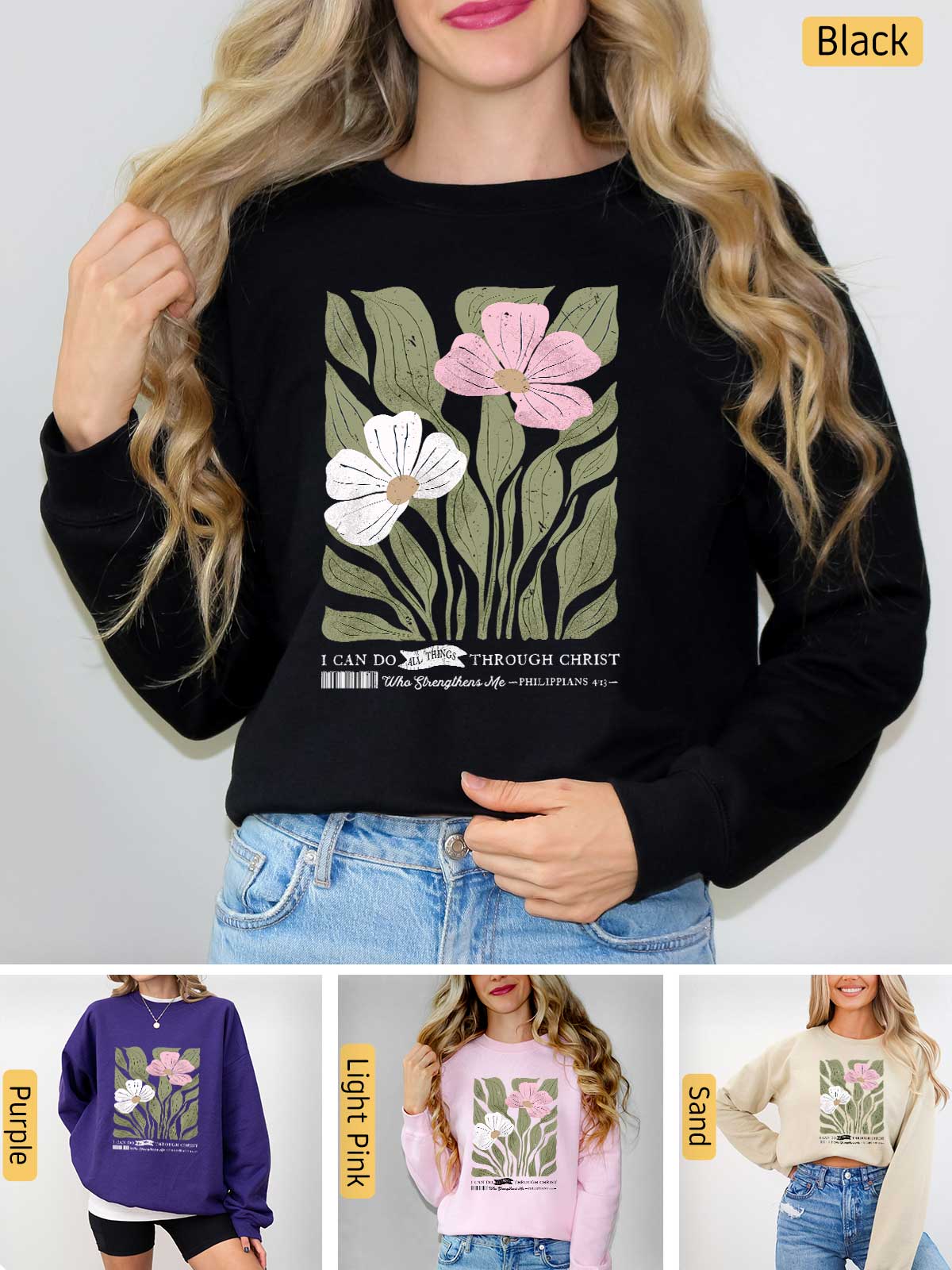 a woman wearing a sweatshirt with flowers on it