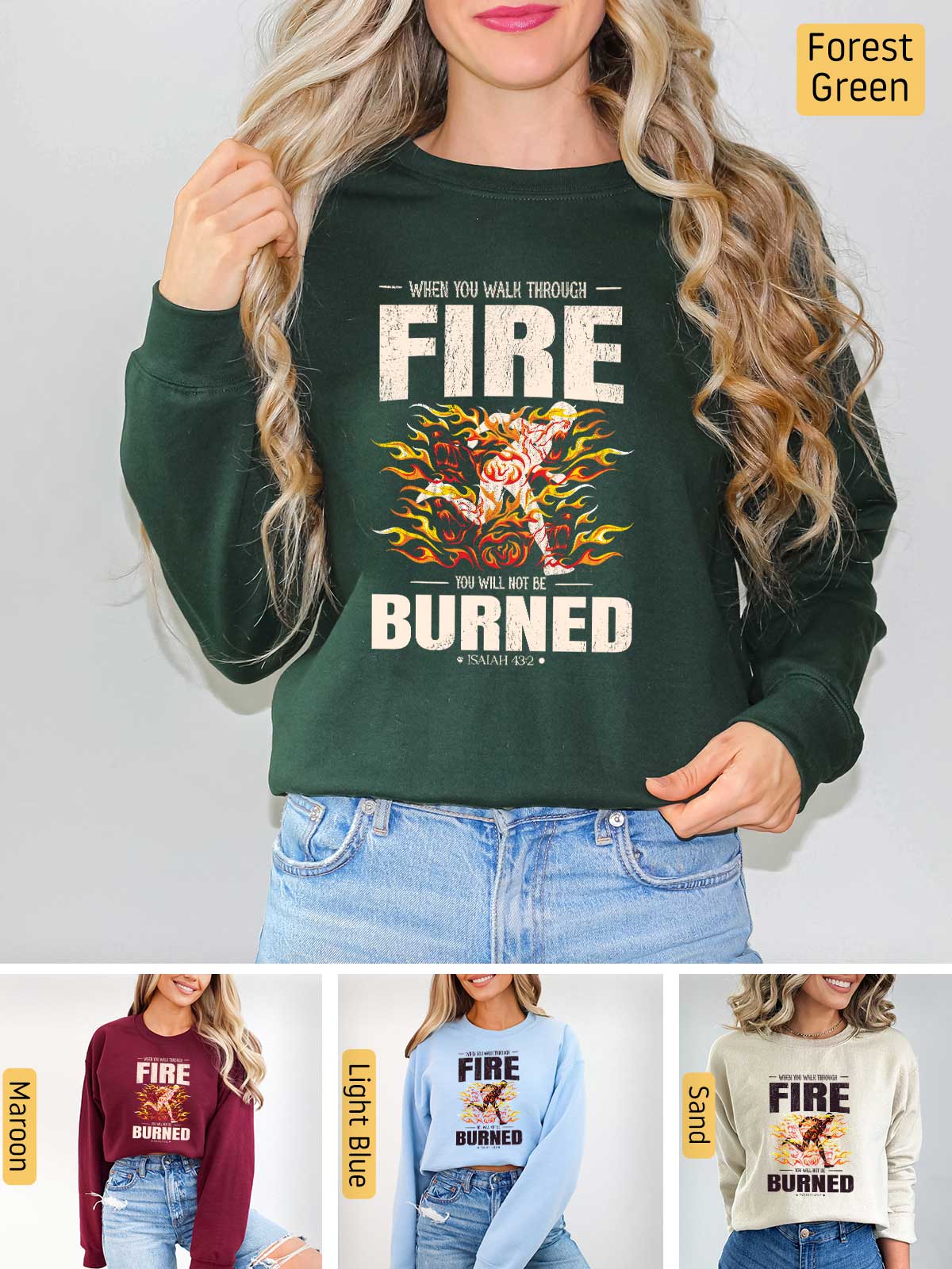 a woman wearing a fire burned sweatshirt