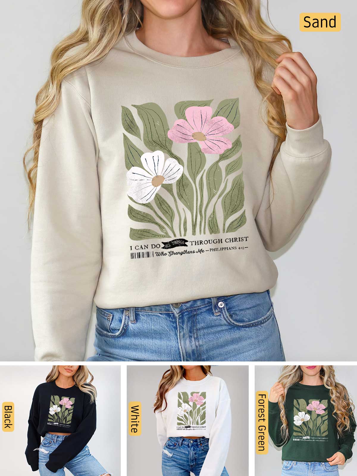 a woman wearing a sweatshirt with flowers on it