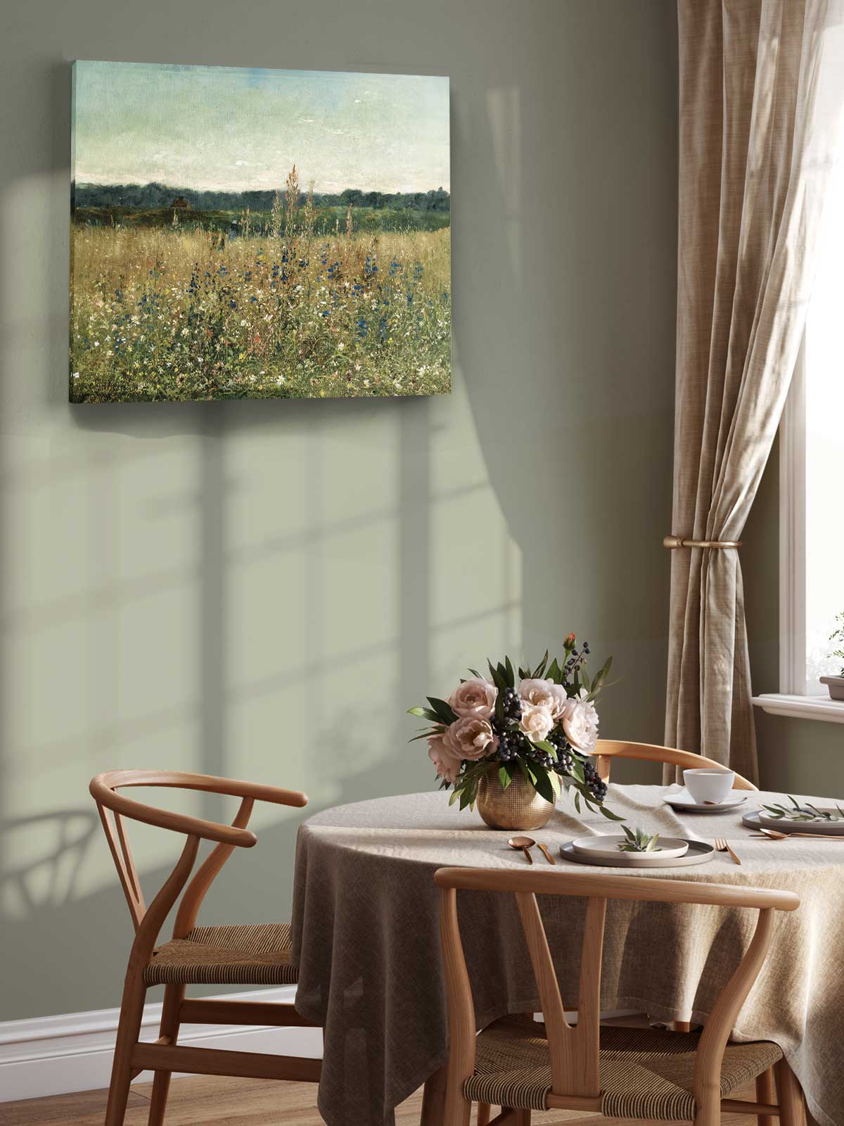 a serene dining room with a table set for two, featuring a vase of flowers as the centerpiece. The room has a soothing color palette, with a painting of a field of flowers hanging on the wall above the table. The table is draped in a white tablecloth and has two chairs, one on each side. The overall atmosphere of the room is calm and inviting, with the natural elements of the painting and the flowers adding a touch of elegance and tranquility to the space.