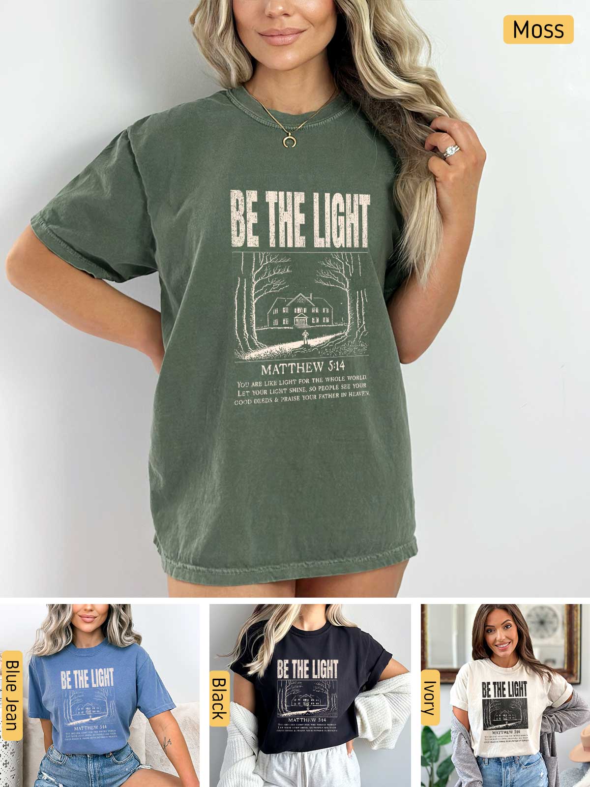 a woman wearing a t - shirt that says be the light