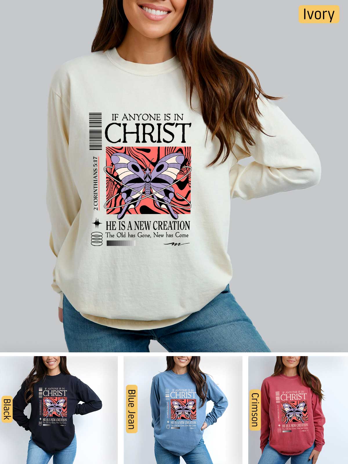 a woman wearing a sweatshirt with the words jesus is a new creation on it