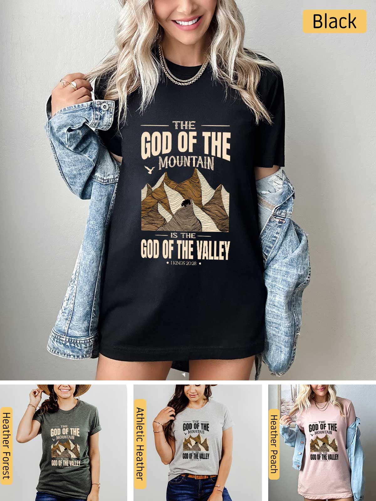 a woman wearing a t - shirt that says the god of the mountain