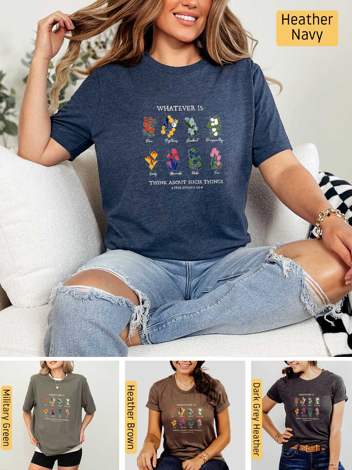 a woman sitting on a couch wearing a t - shirt