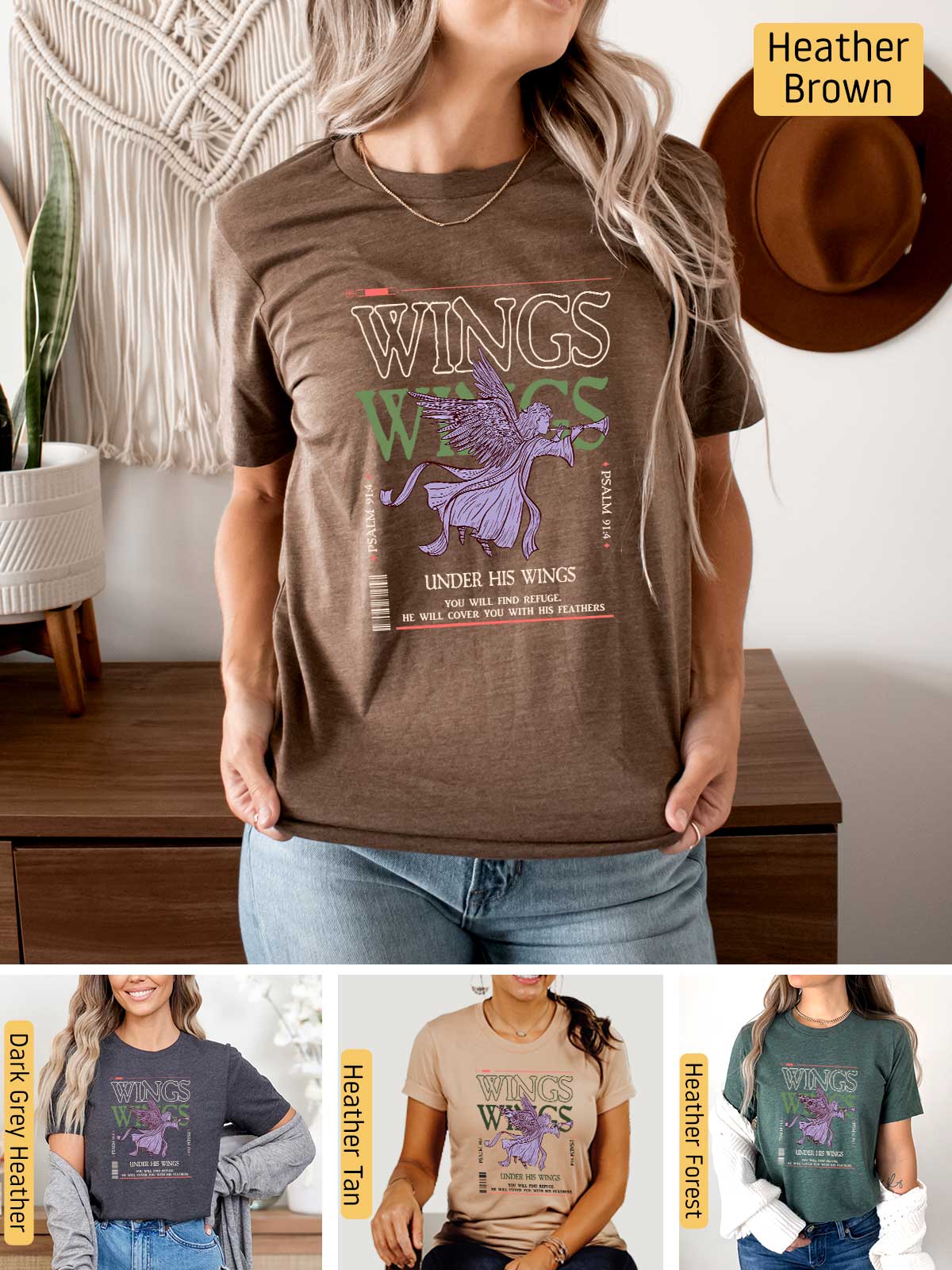 a woman wearing a brown t - shirt with wings on it