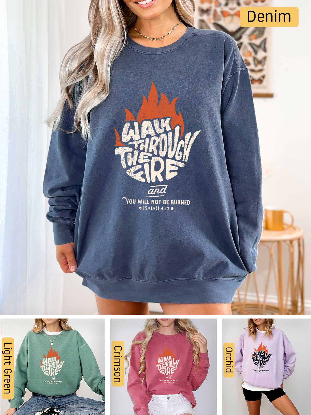 a woman wearing a sweatshirt with the words glam through the fire on it