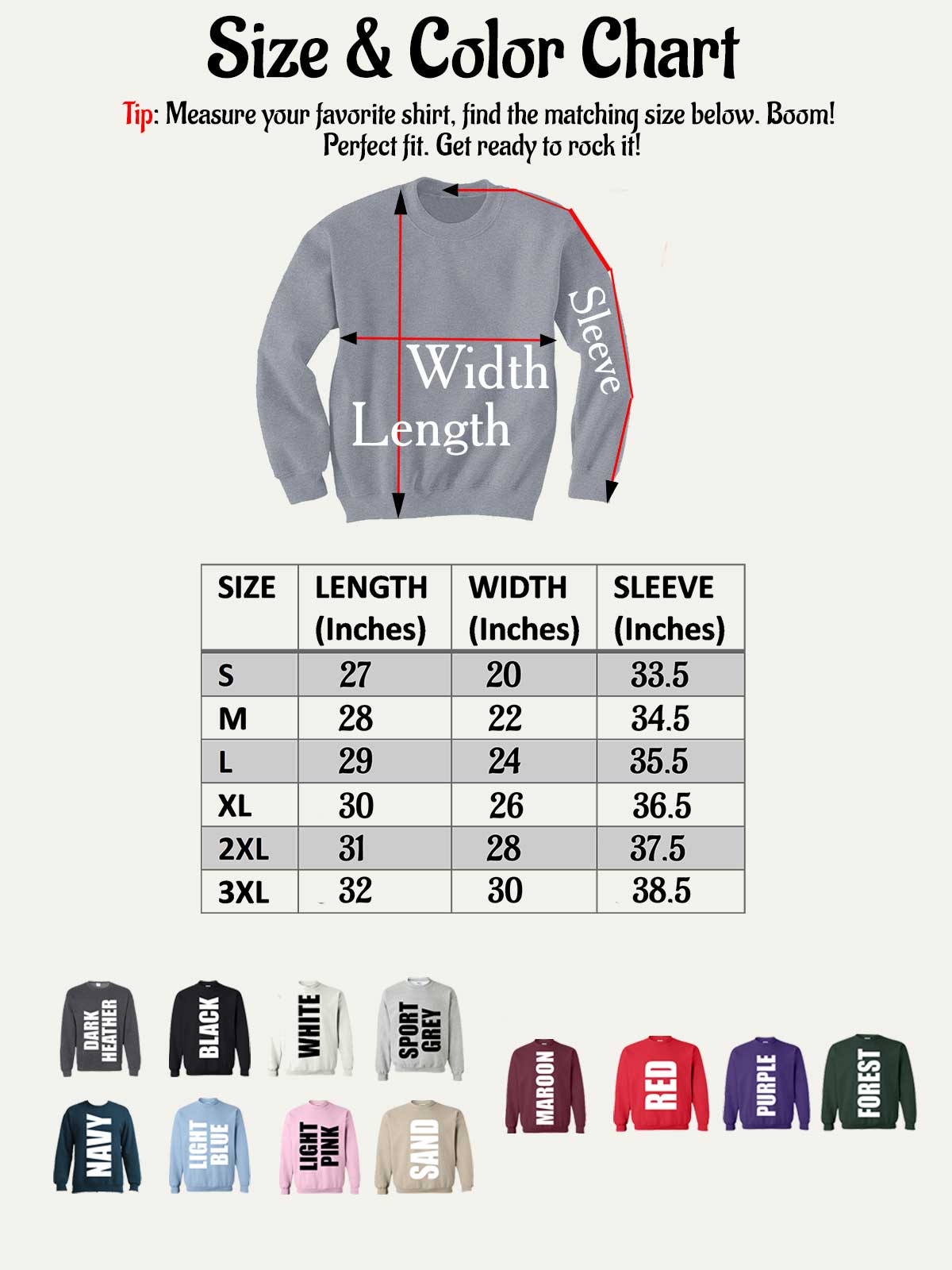 the size and color chart for a sweatshirt