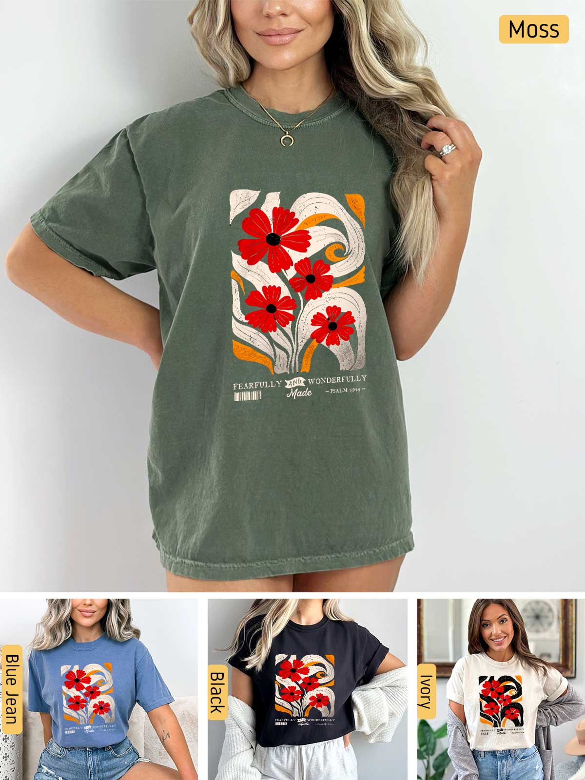 a woman wearing a t - shirt with flowers on it