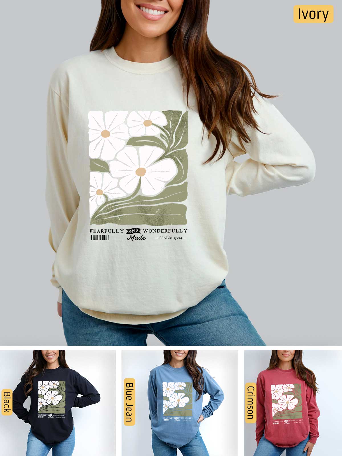 a woman wearing a sweatshirt with flowers on it