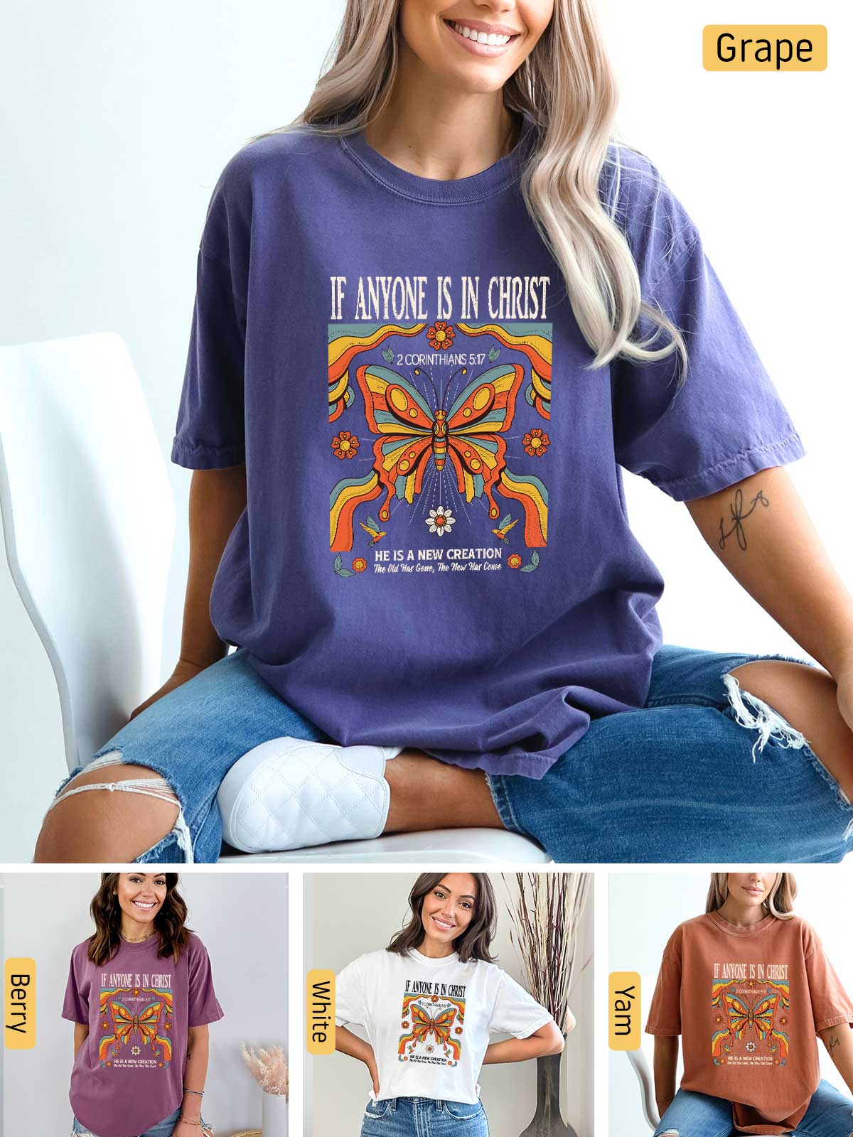 a woman wearing a purple shirt with a butterfly on it