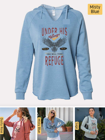 Under His Wings You will find Refuge - Psalm 91:4 - Lightweight, Cali Wave-washed Women's Hooded Sweatshirt