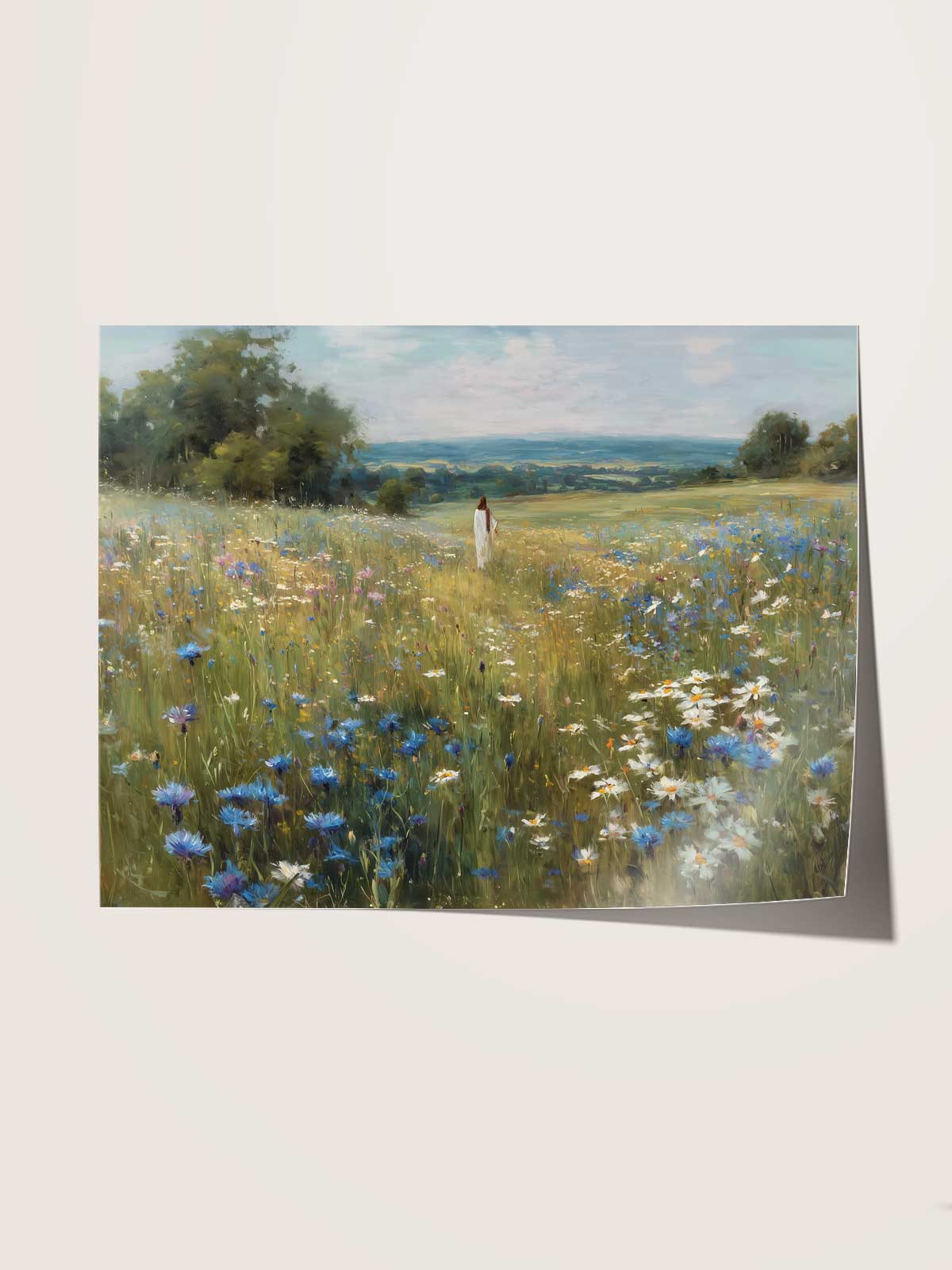 A painting depicting a person standing in a field of flowers, with a backdrop of trees and a blue sky.