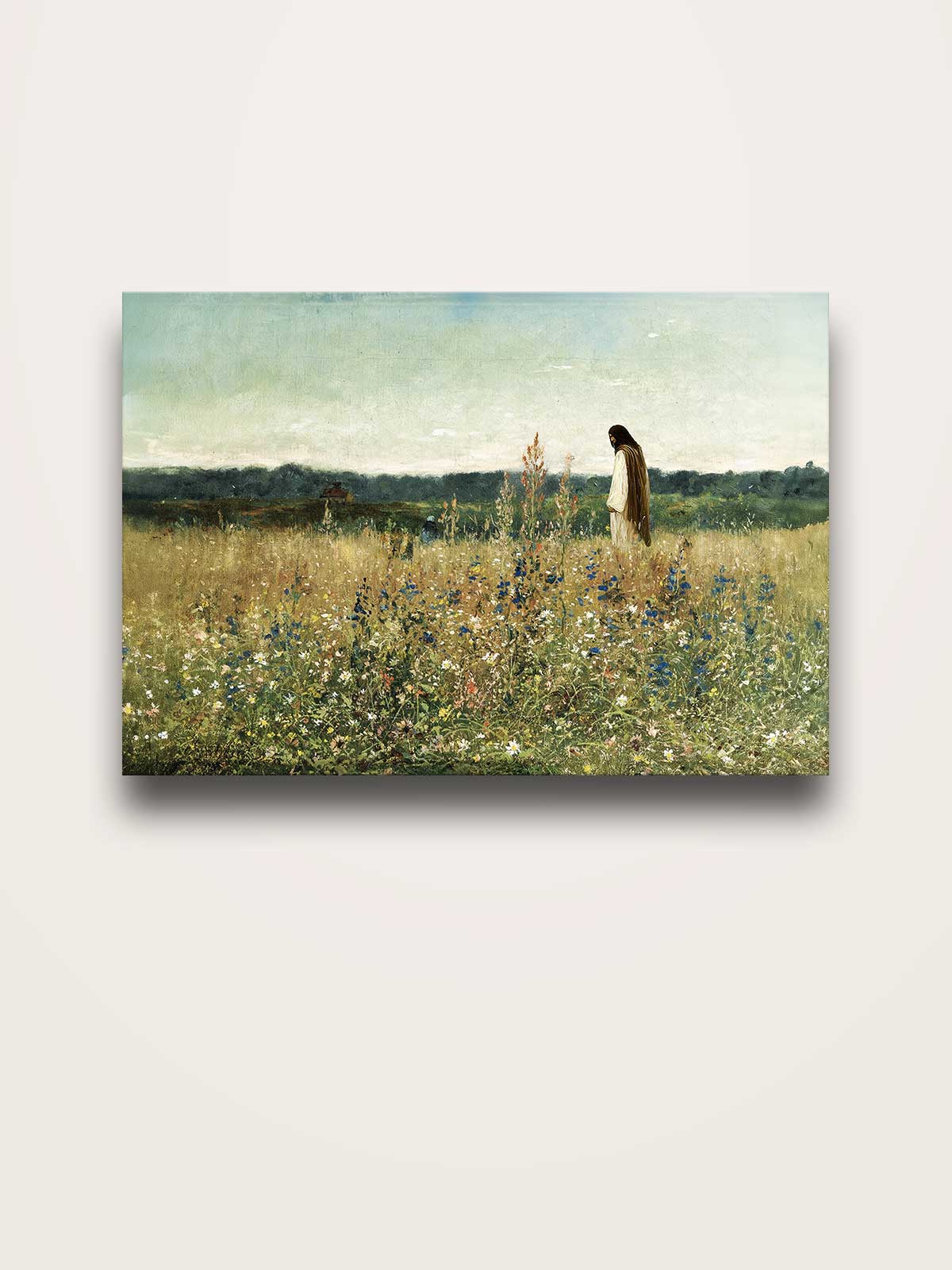 A painting depicting a person standing in a field of flowers, with a serene landscape in the background.