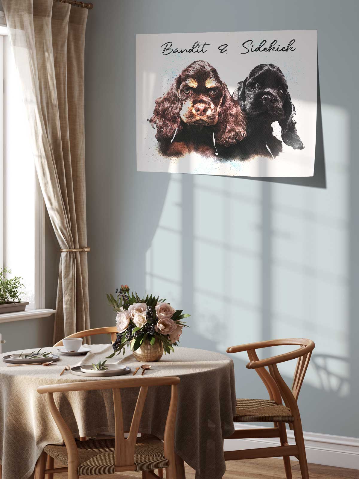 a dining table with a vase of flowers, a plate, and a cup, along with two chairs. Above the table, there is a poster of two dogs, one brown and one black, with the text "Banquet & Sideways" written above them.