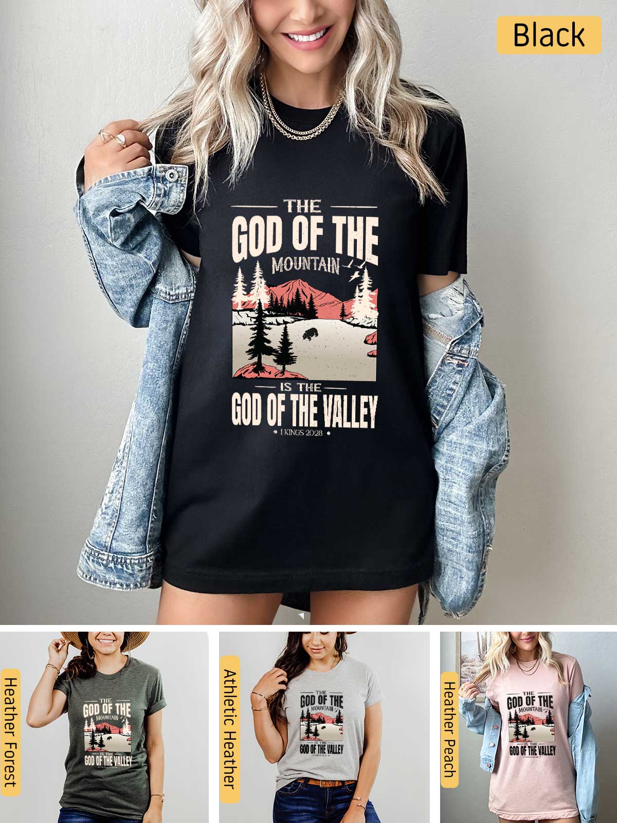 a woman wearing a t - shirt that says the god of the mountains