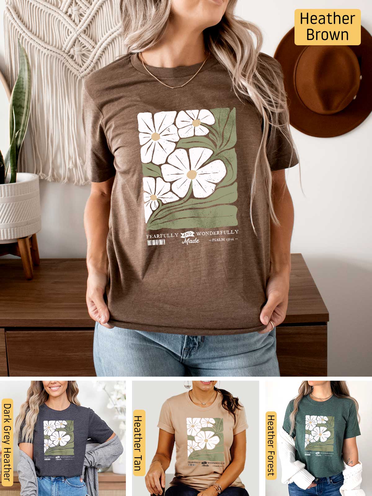 a woman wearing a t - shirt with flowers on it