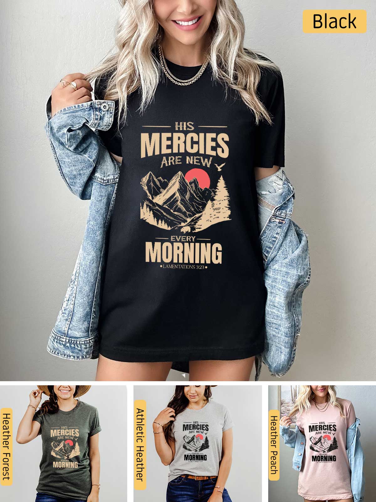 a woman wearing a t - shirt that says, this mercies are new morning