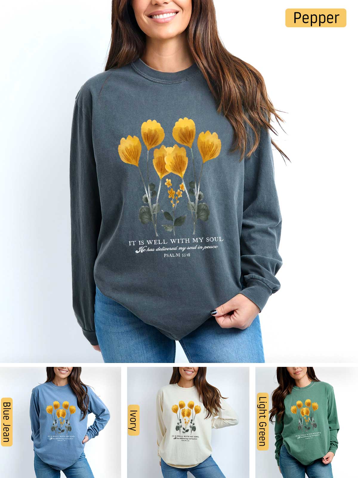 a woman wearing a sweatshirt with flowers on it