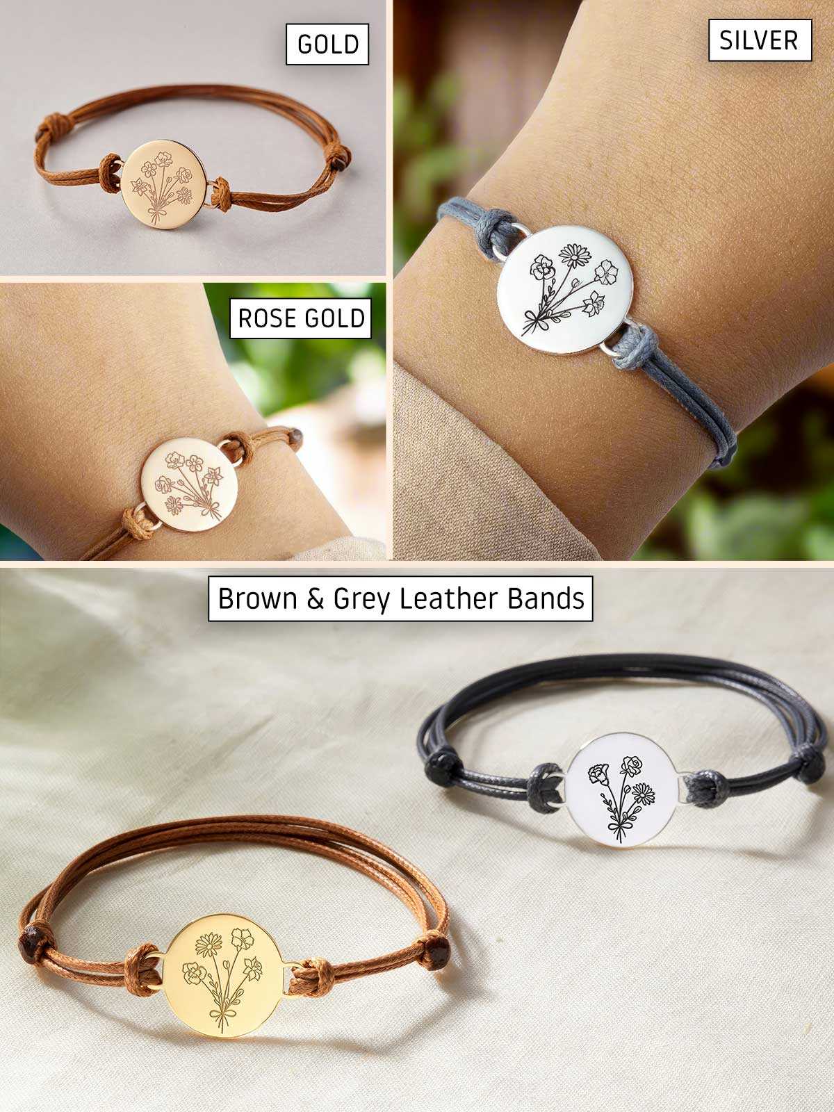 four different bracelets with different designs on them