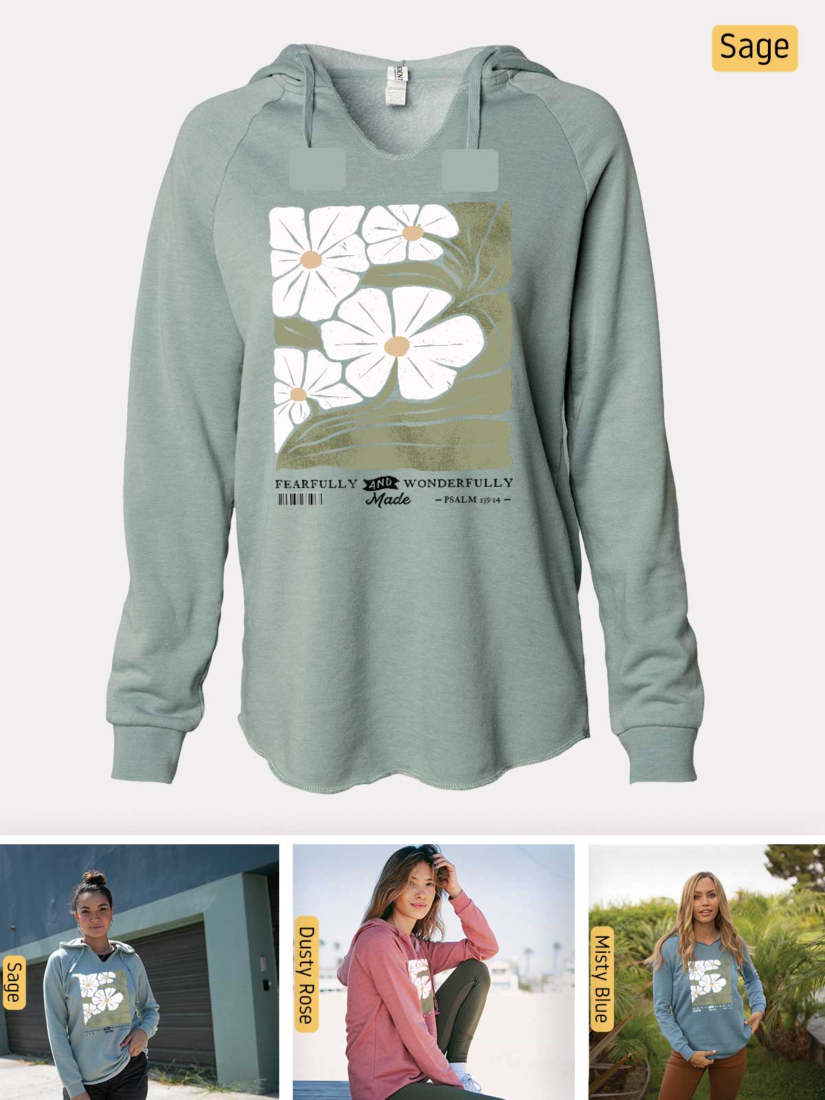 a woman wearing a sweatshirt with a flower on it