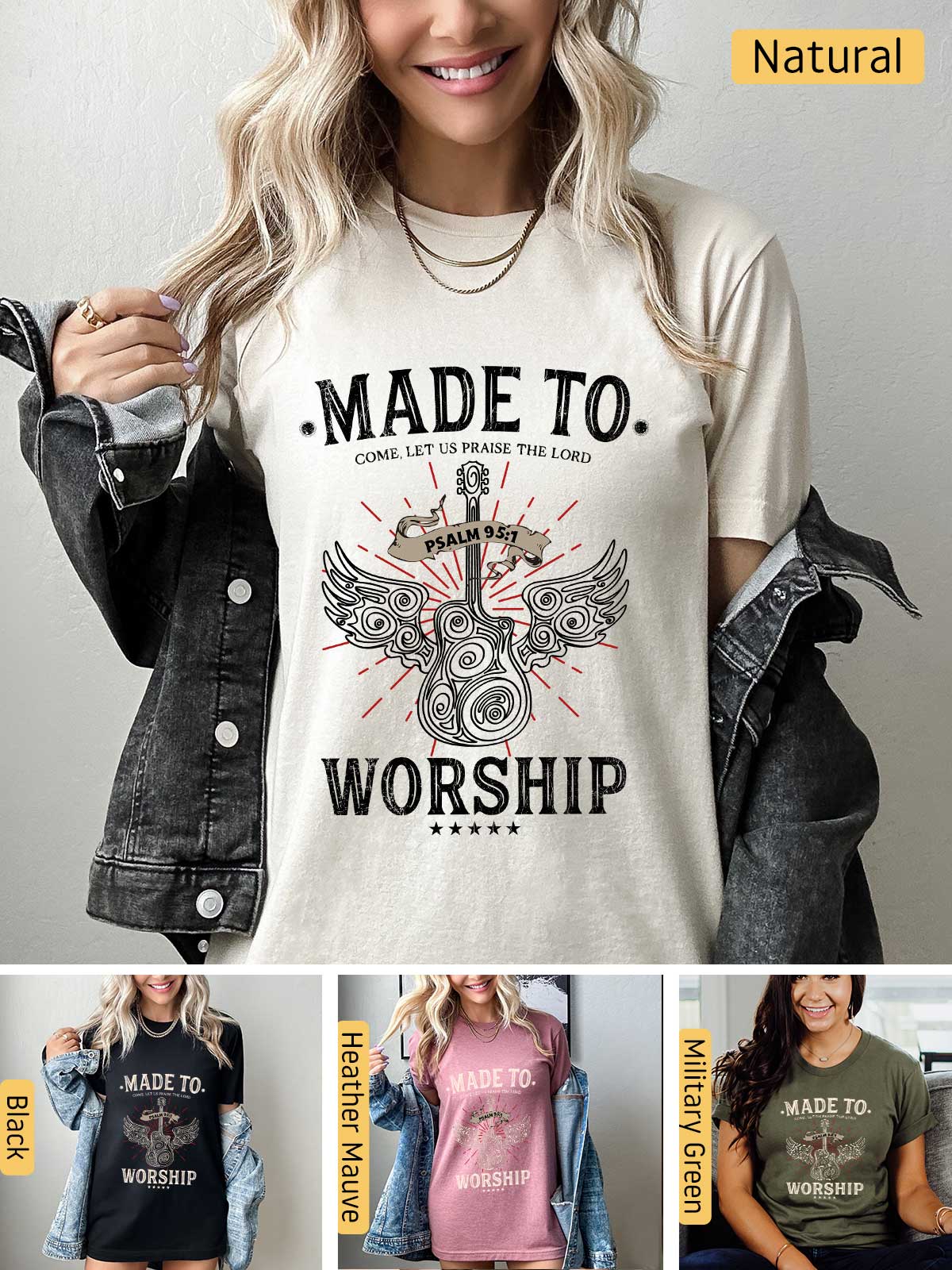 a woman wearing a t - shirt that says made to worship