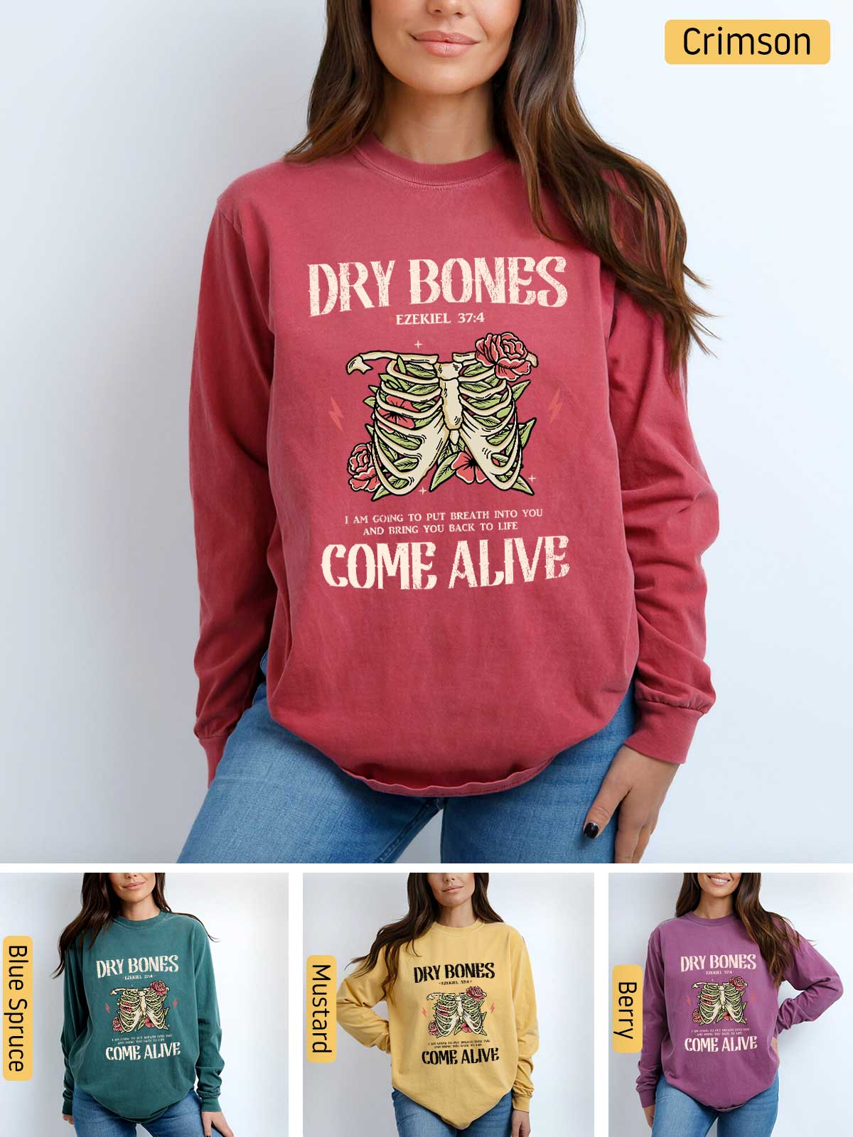 a woman wearing a sweatshirt that says dry bones come alive