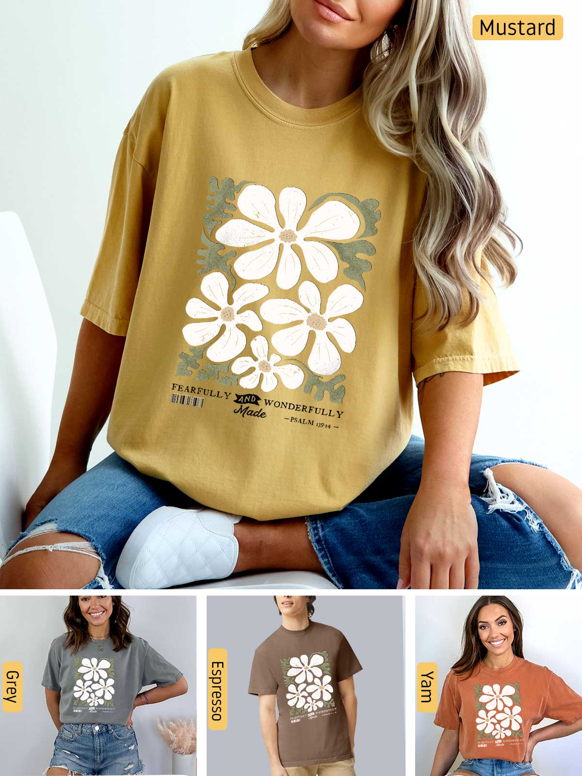 a woman sitting on a chair wearing a t - shirt with flowers on it