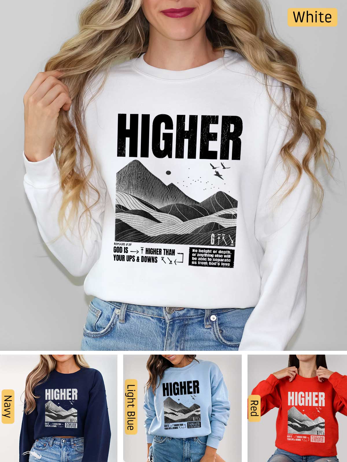 a woman wearing a sweatshirt with the words higher printed on it