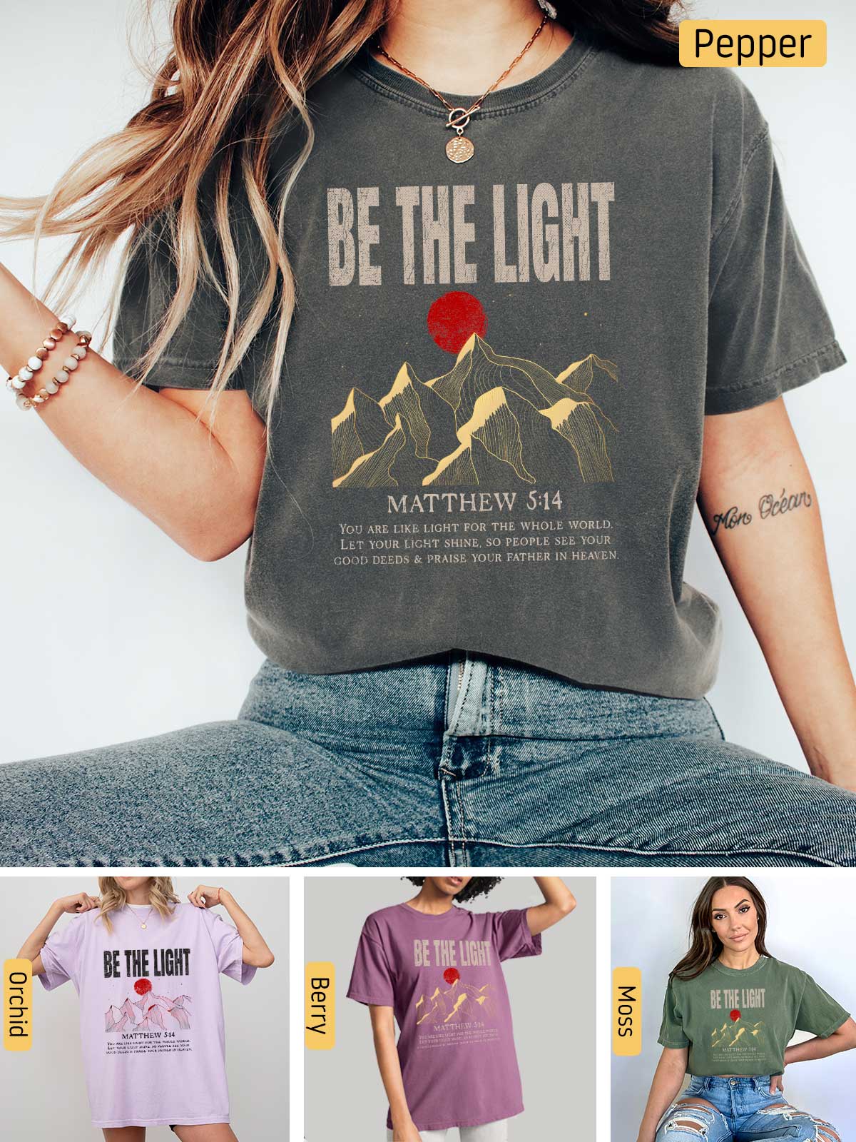 a woman wearing a t - shirt that says be the light