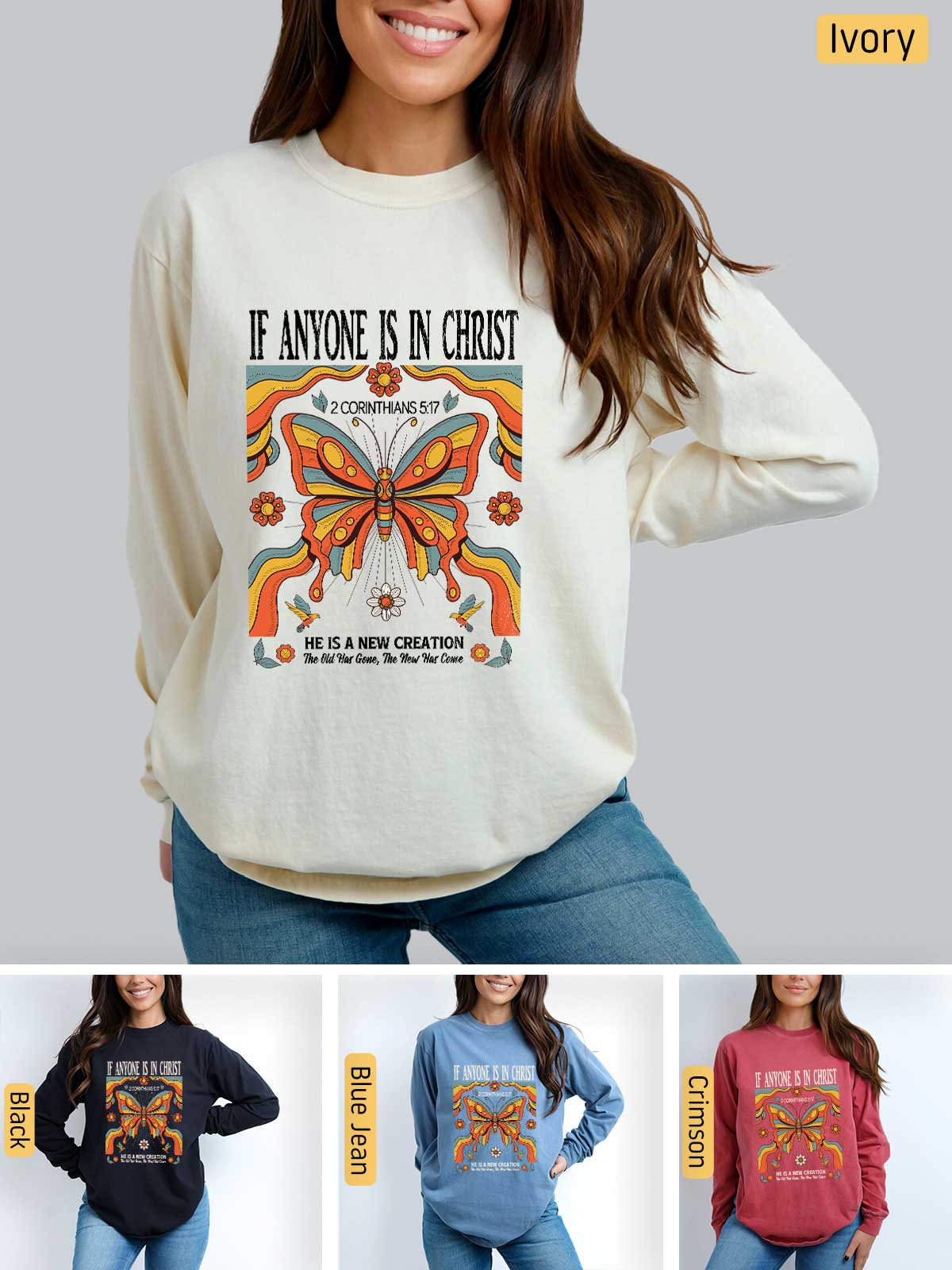 a woman wearing a sweatshirt with a butterfly on it