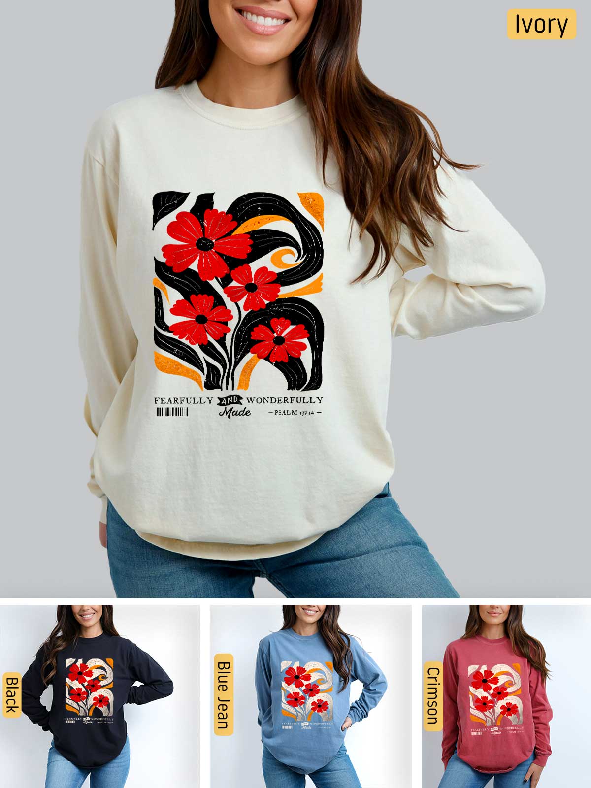 a woman wearing a sweater with flowers on it