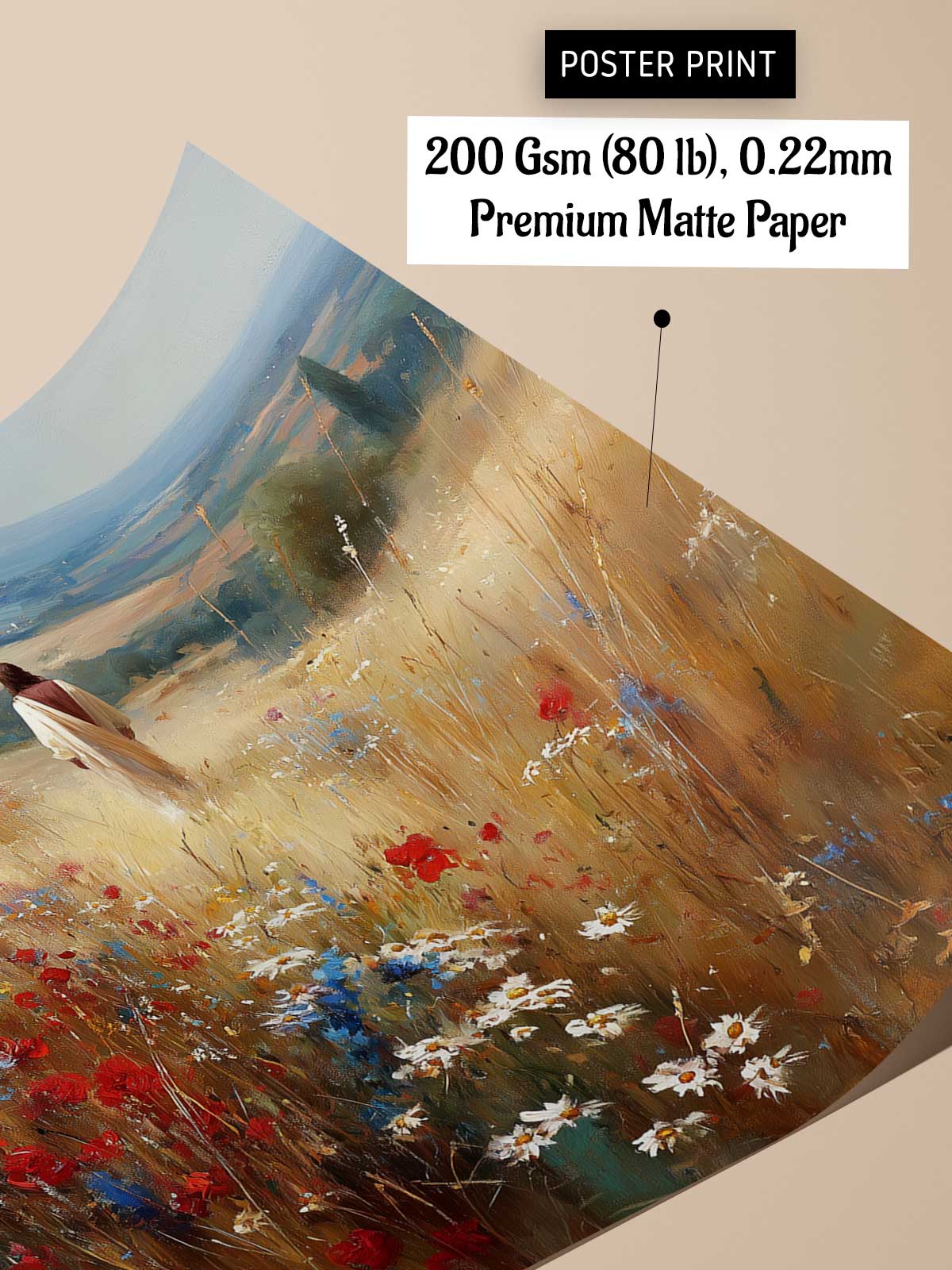 The image is a poster print featuring a painting of a field with flowers and a person walking through it.