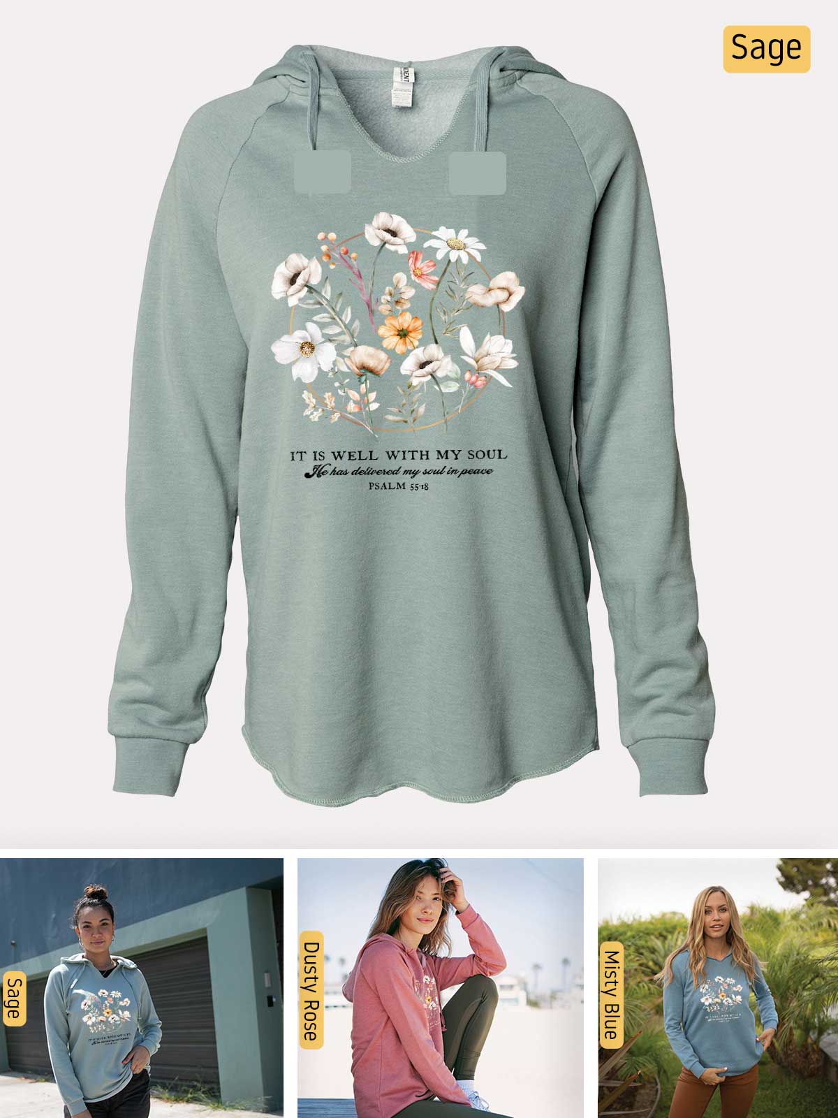 a woman wearing a sweatshirt with flowers on it