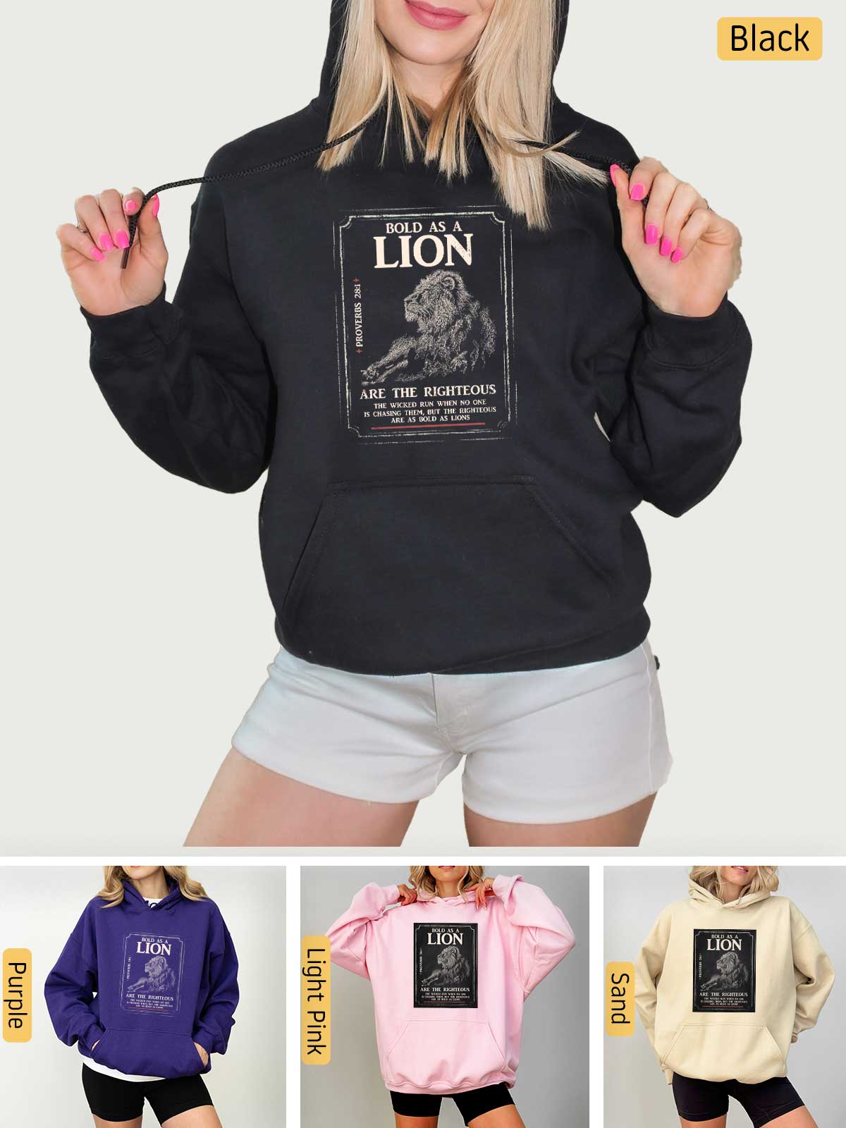 a woman wearing a lion sweatshirt and shorts