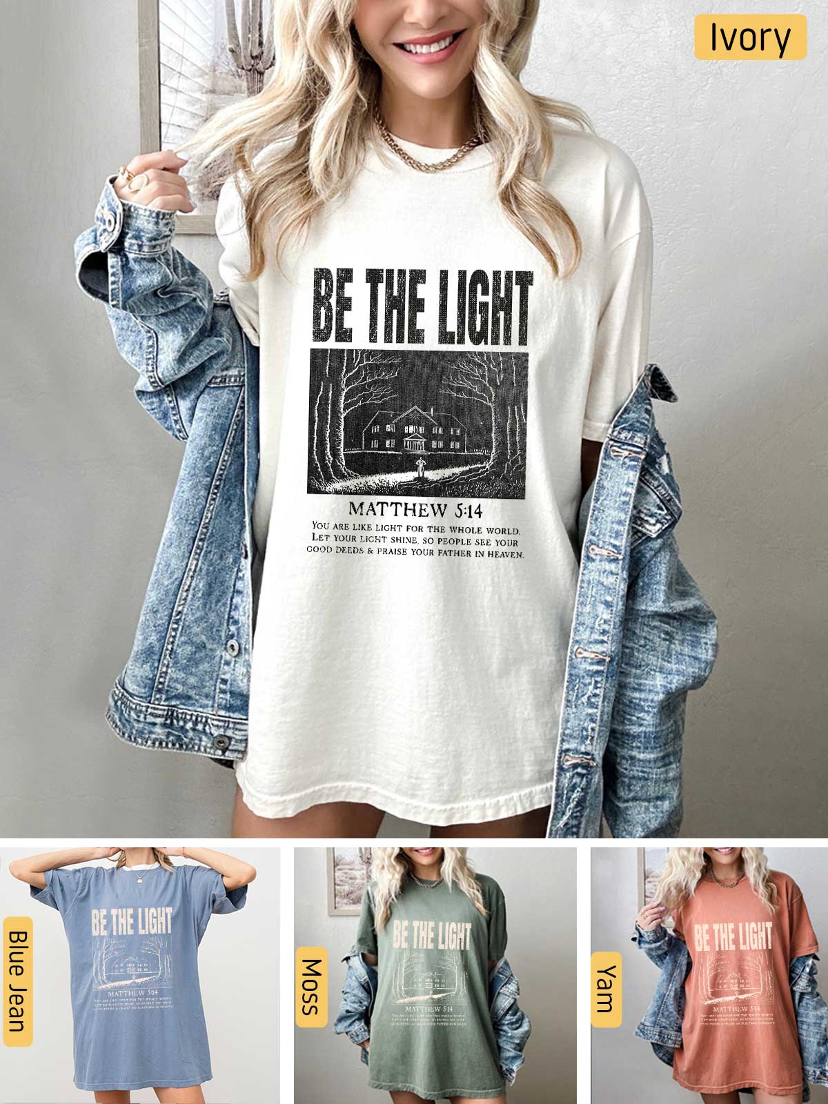 a woman wearing a t - shirt that says be the light