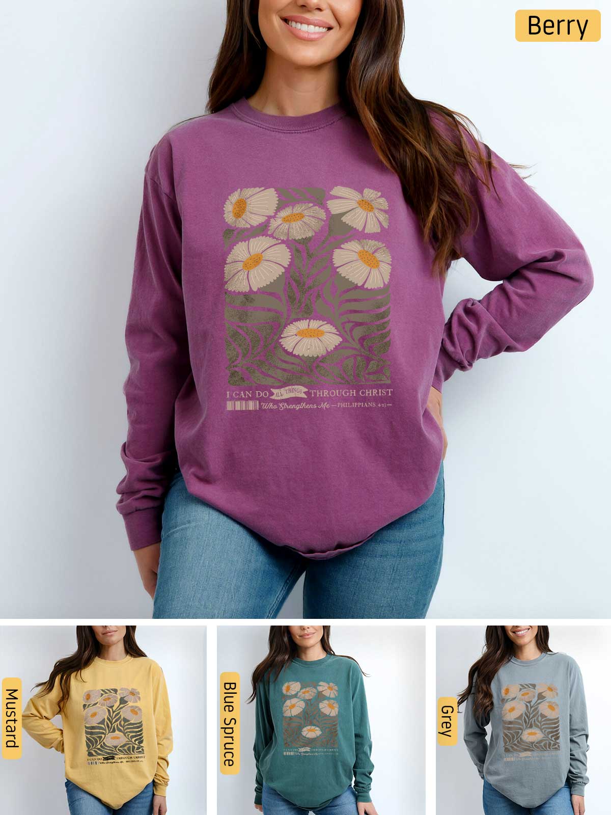 a woman wearing a sweatshirt with flowers on it