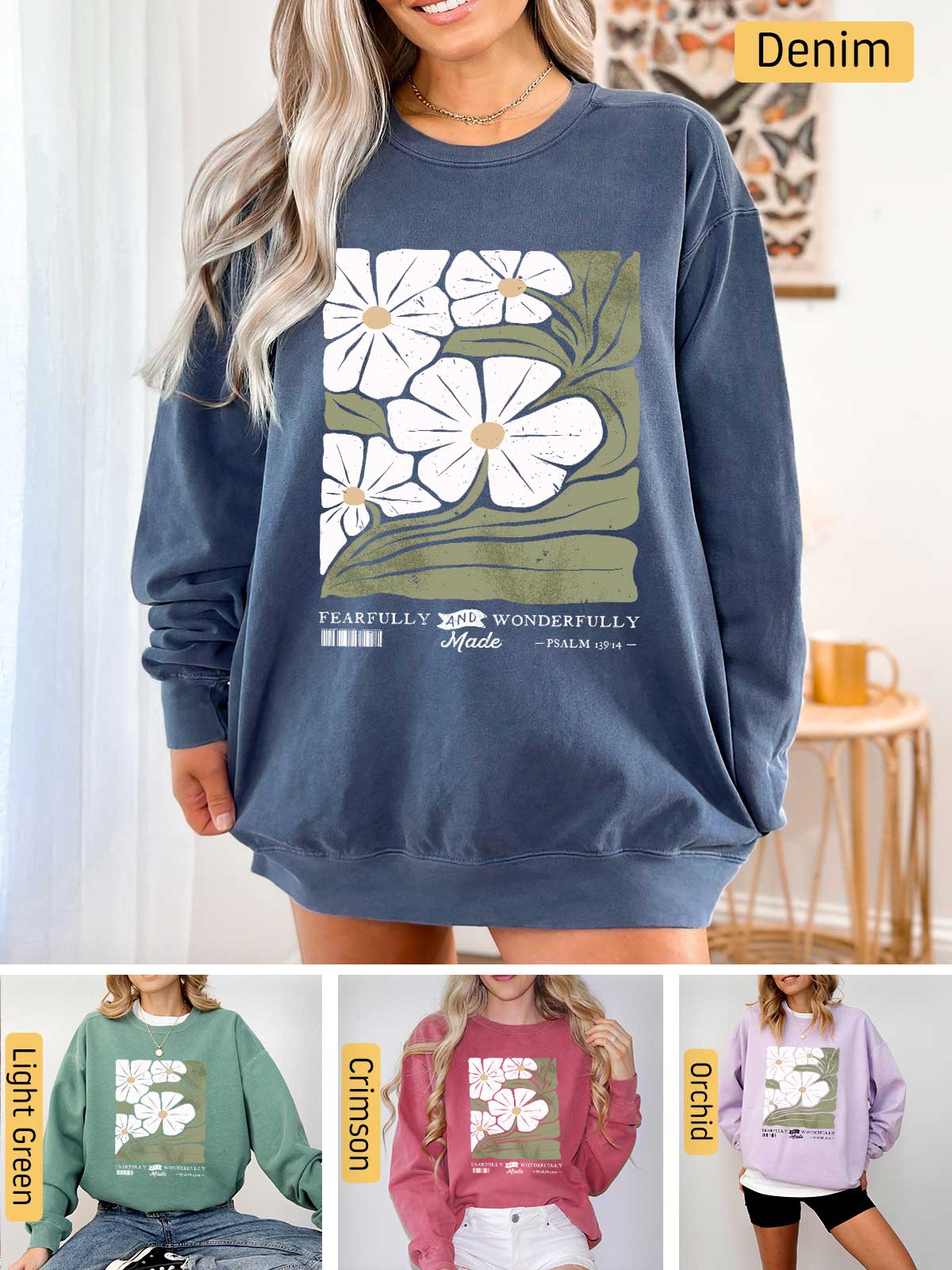 a woman wearing a sweatshirt with flowers on it