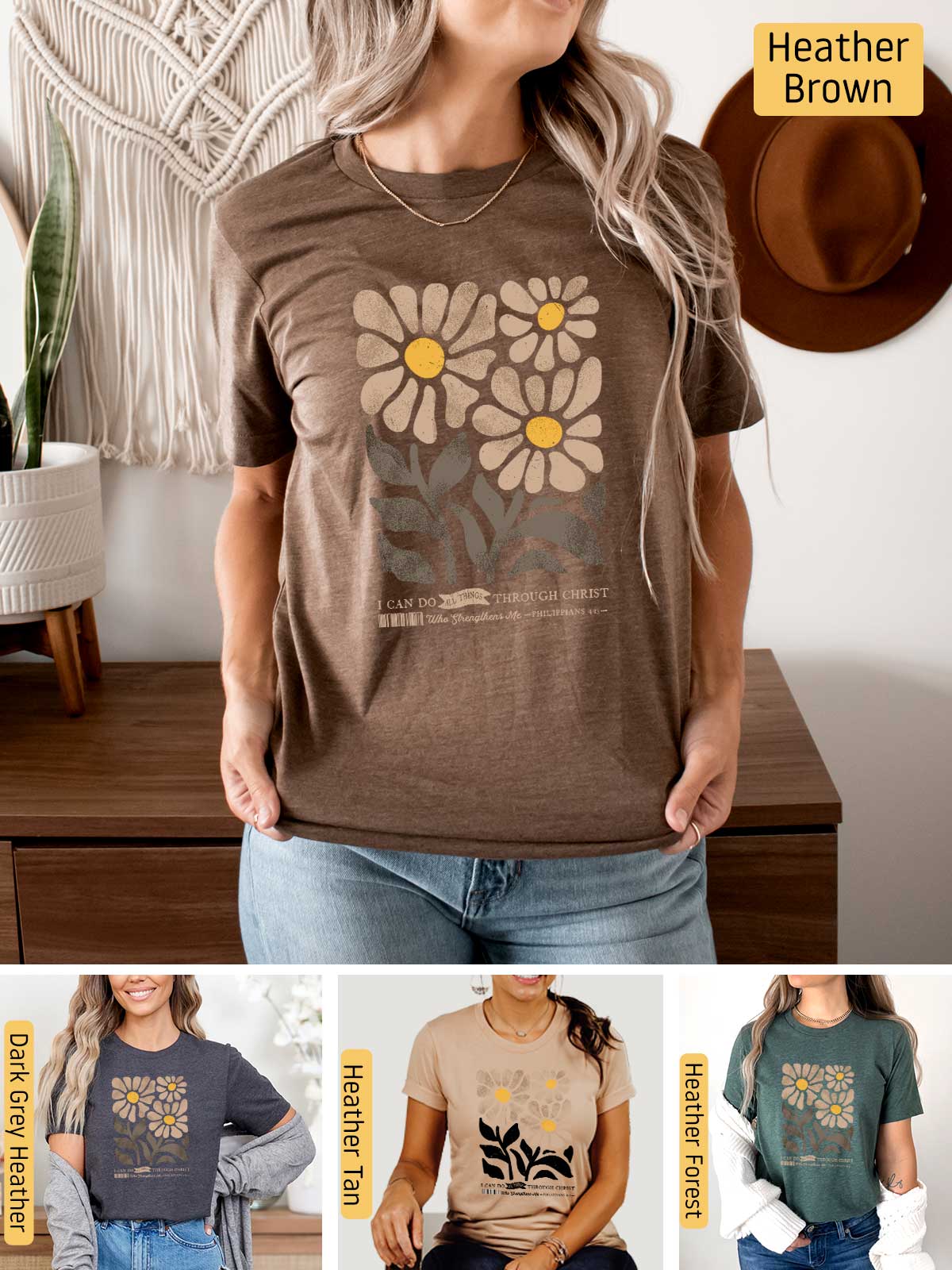 a woman wearing a t - shirt with flowers on it