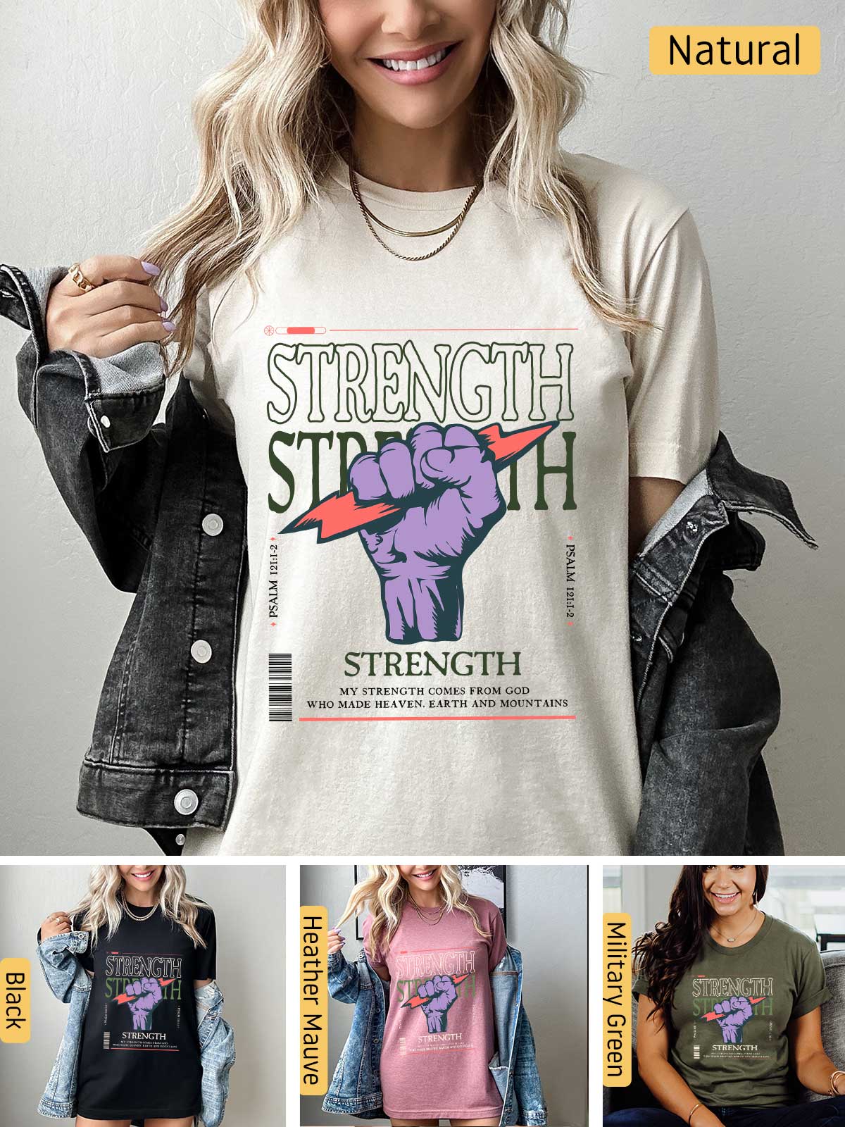 a woman wearing a t - shirt with the words strength on it