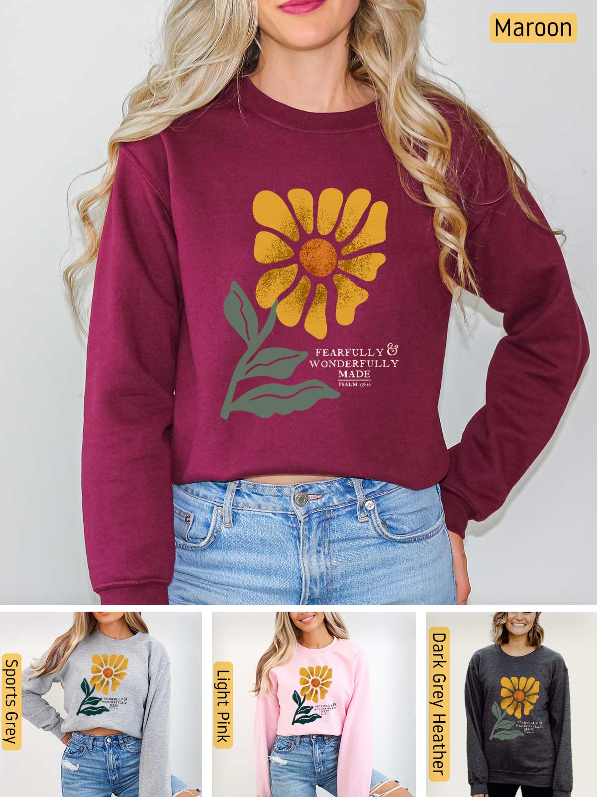 a woman wearing a sweatshirt with a flower on it