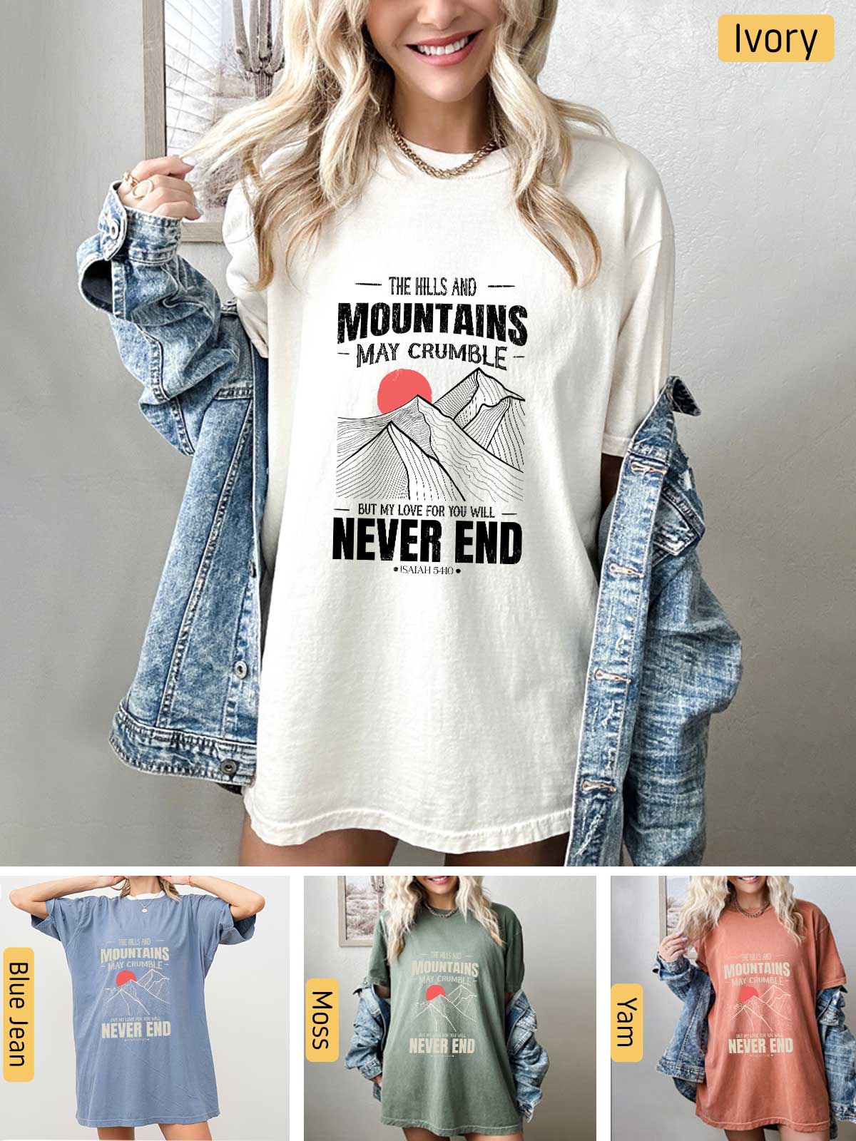 a collage of photos of a woman wearing a mountain t - shirt