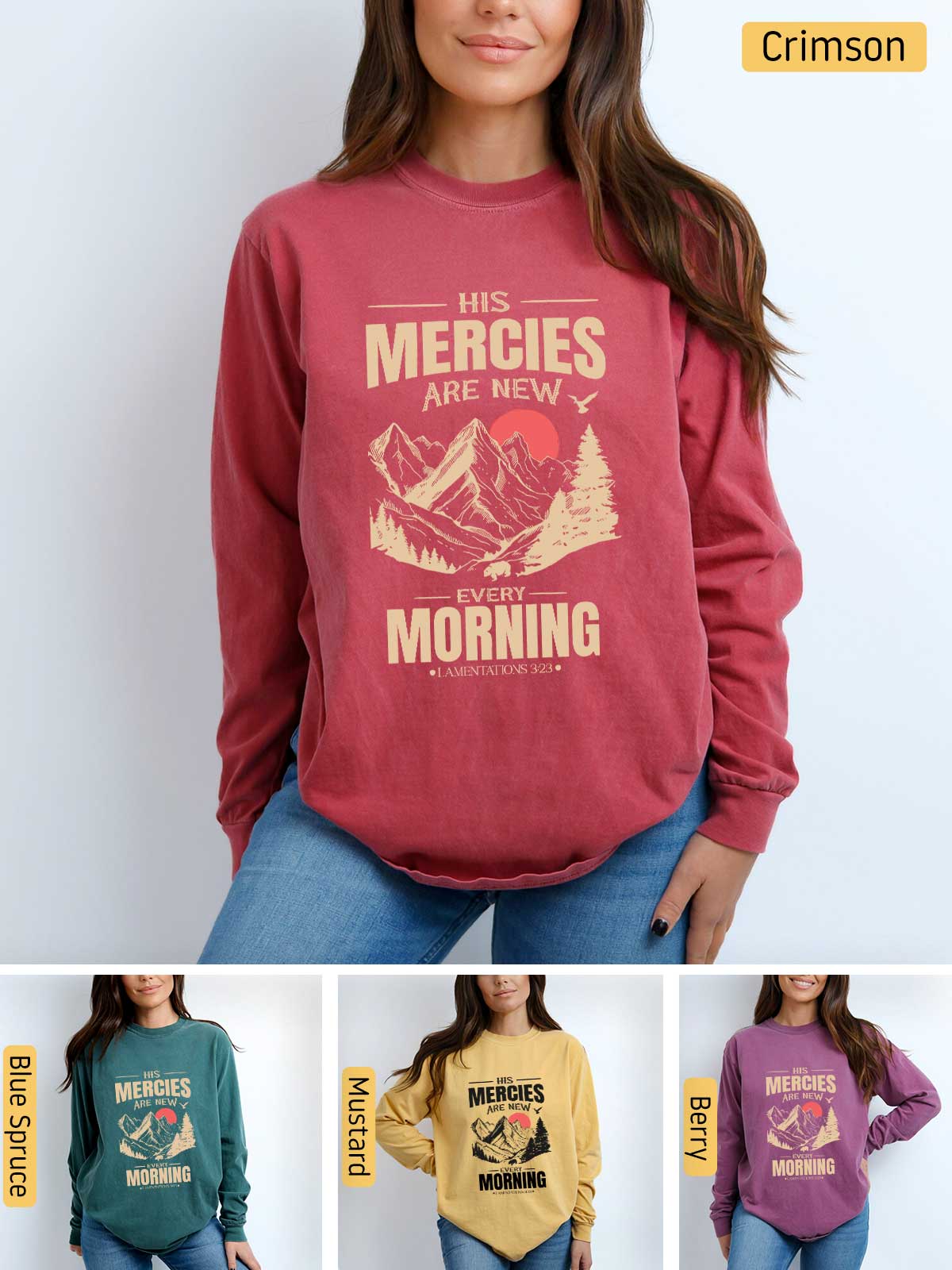 a woman wearing a sweatshirt that says her mercies are new morning