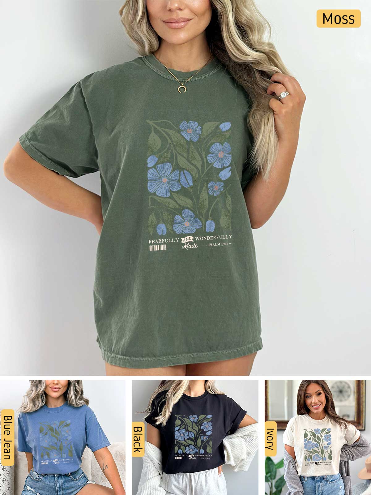 a woman wearing a t - shirt with flowers on it