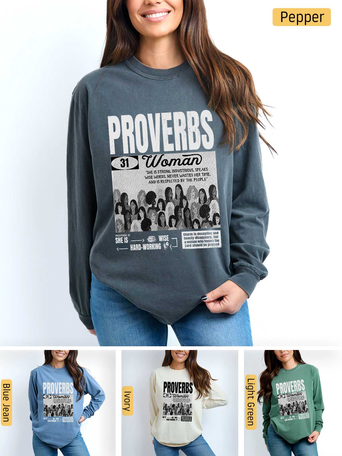 a woman wearing a sweatshirt with the words provers on it