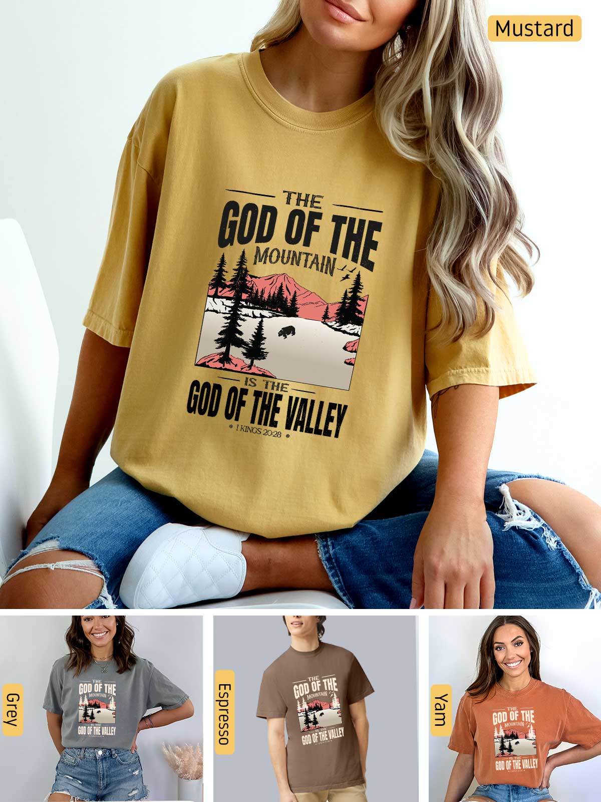 a woman sitting on a chair wearing a t - shirt that says the god of